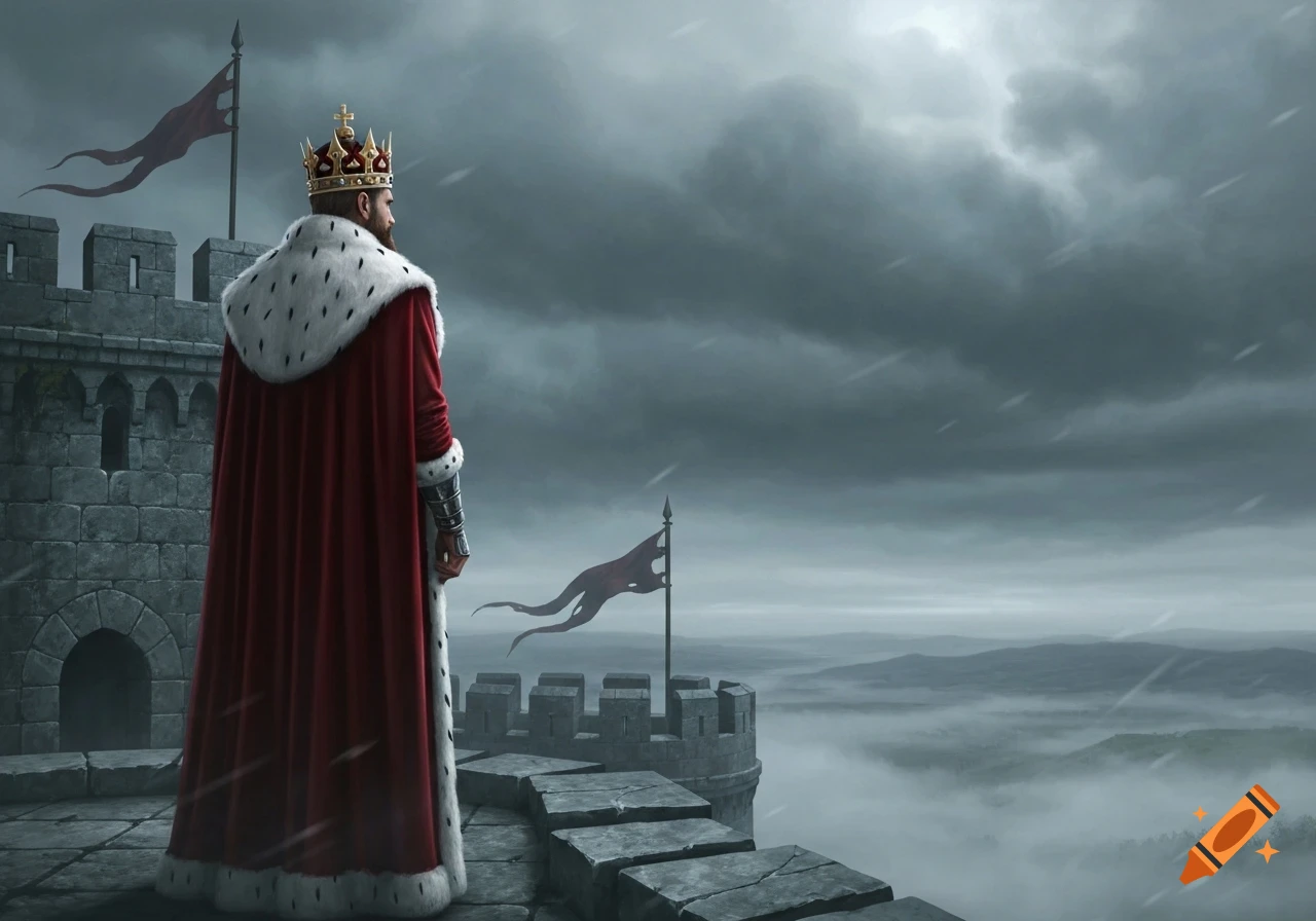 A king in a red and white fur-trimmed robe stands on a castle wall, looking out over a misty landscape under a stormy sky.