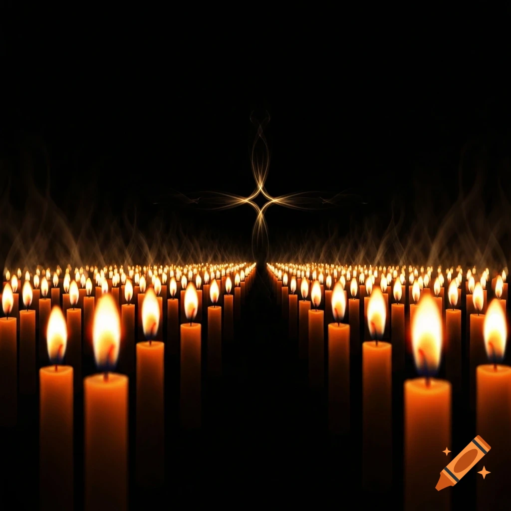 Rows of lit candles extend into a dark abyss, converging on a glowing, stylized cross in the distance.
