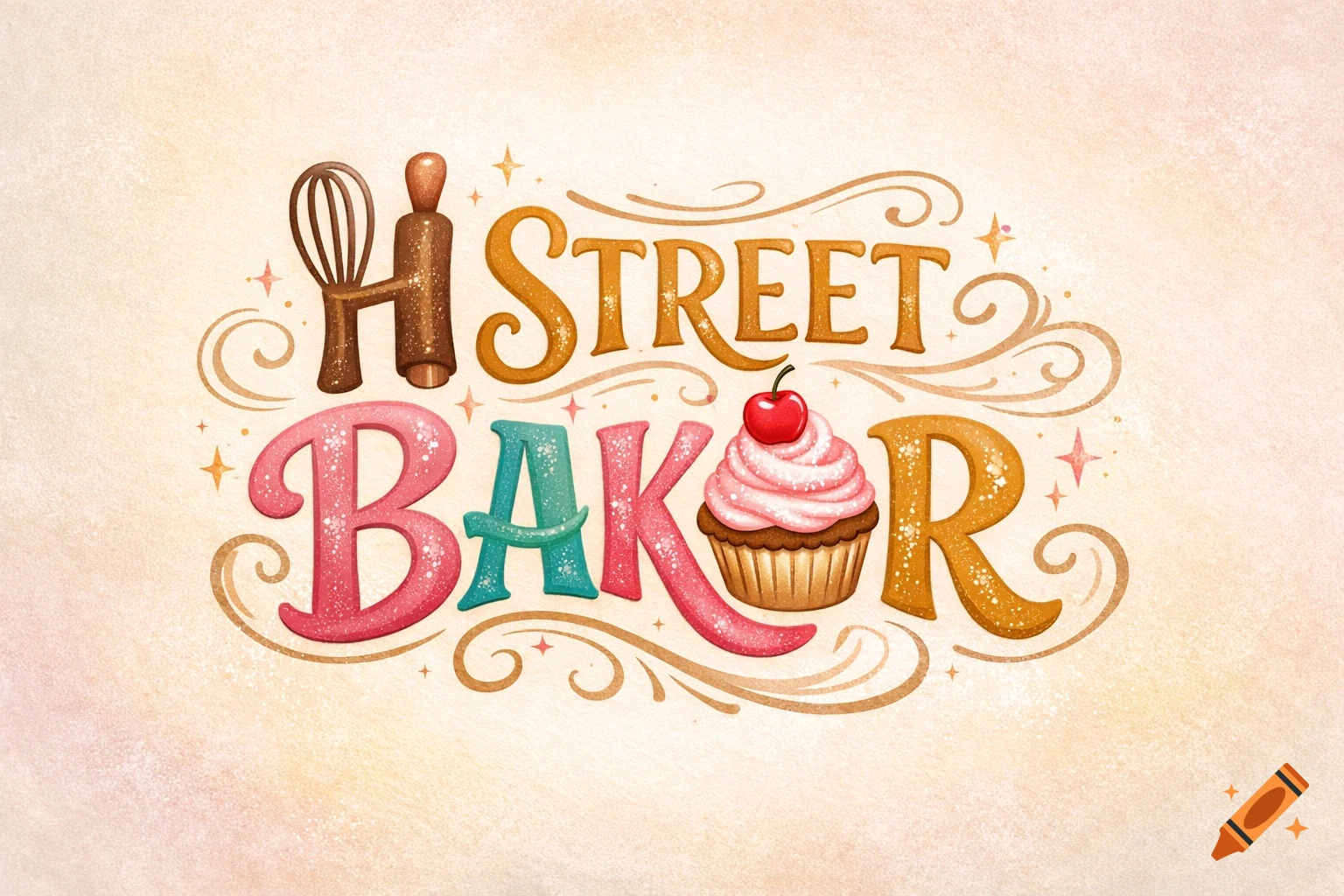 Whimsical, colorful logo for H STREET BAKER featuring a whisk, rolling pin, and a cupcake.