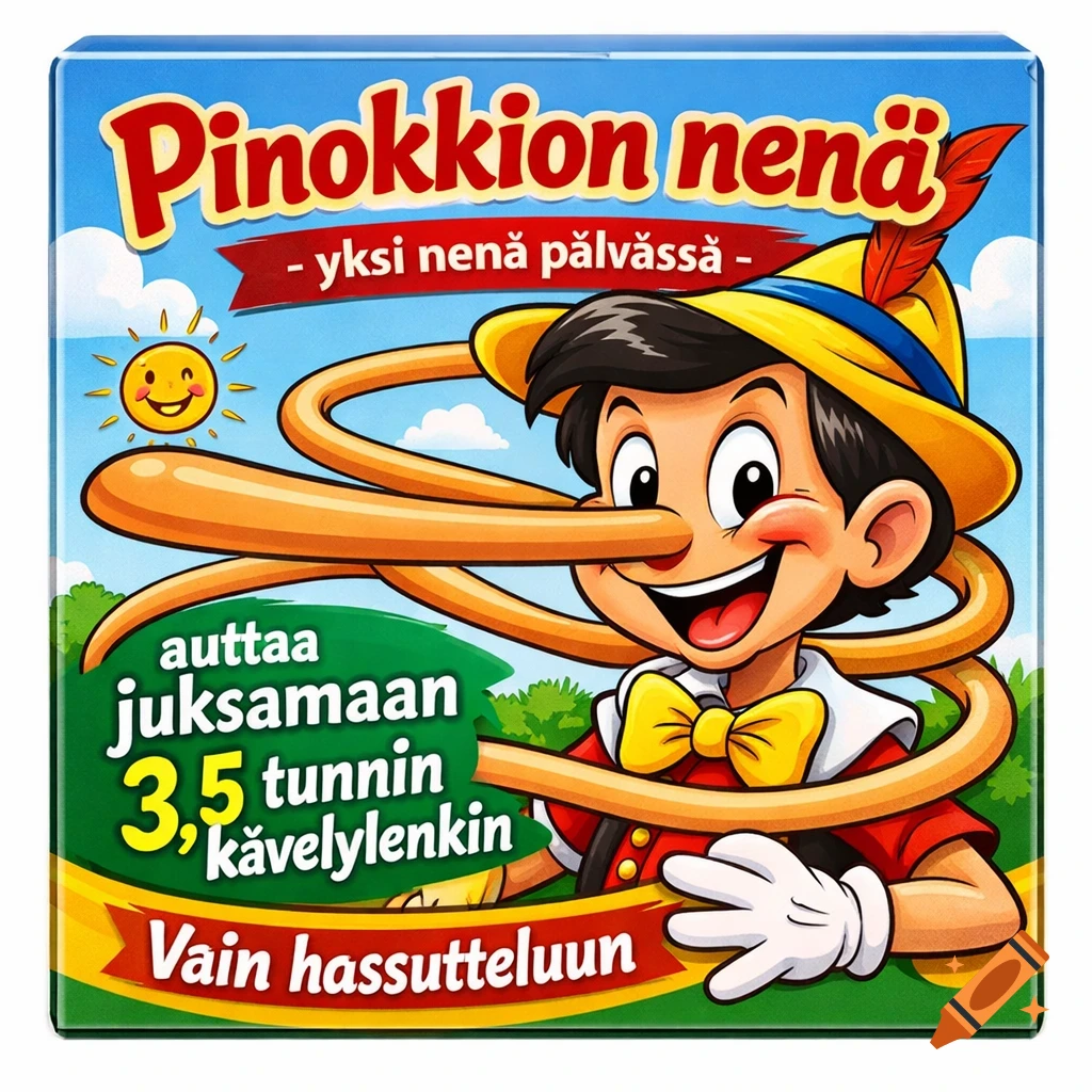 Cartoon illustration of Pinocchio with an extremely long, winding nose on a colorful parody medicine package.