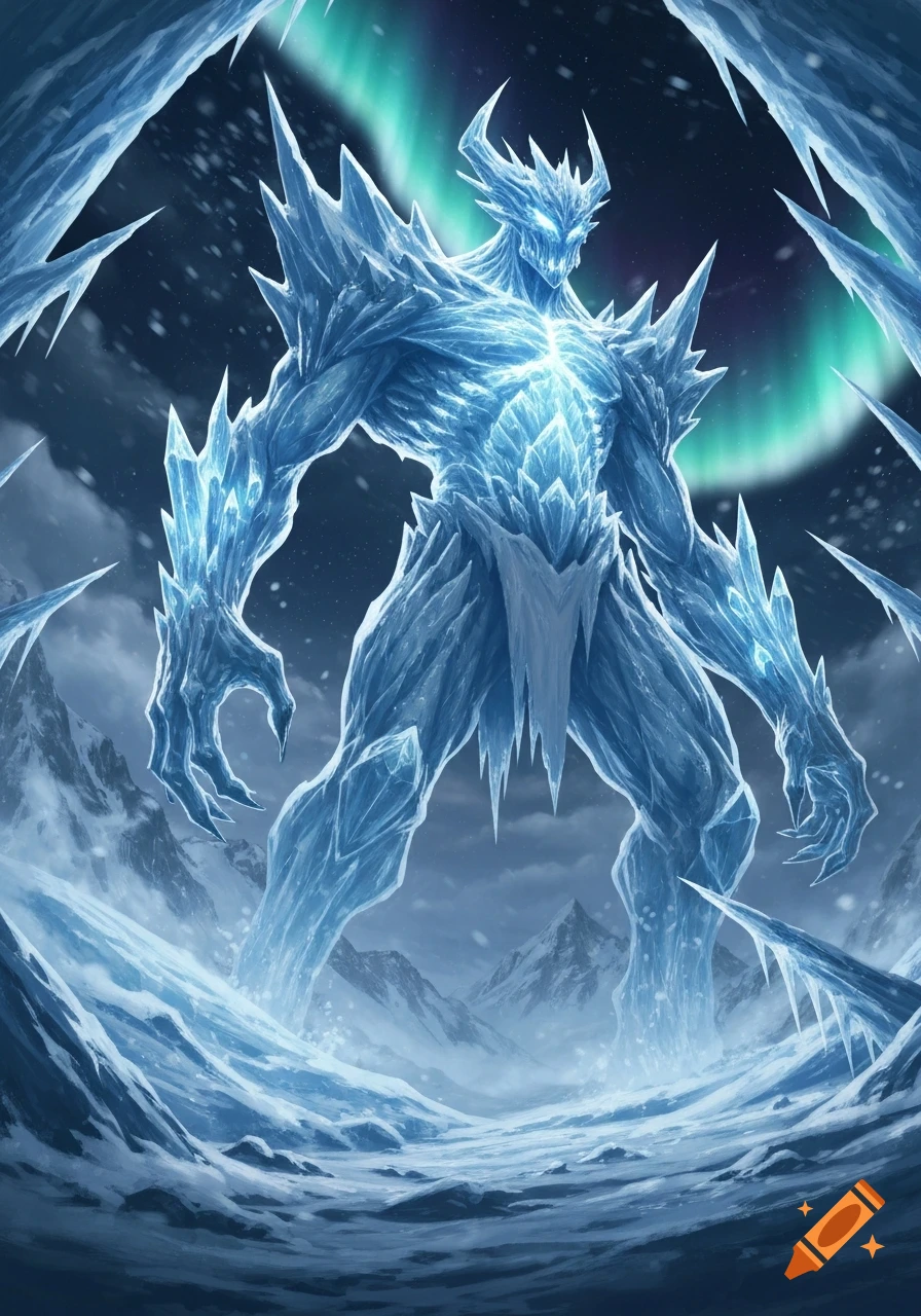 A large, spiky ice creature with glowing blue eyes and body stands in a snowy mountain landscape under a green aurora.