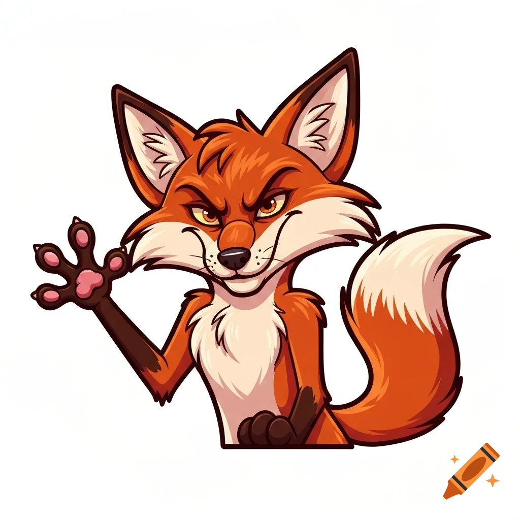 A vibrant, cartoonish fox with a sly, mischievous expression, waving its paw on a white background.