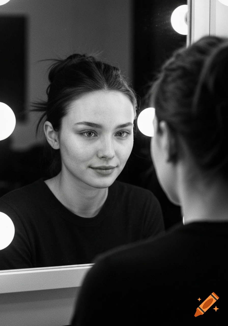 Black-and-white cinematic portrait of a young woman looking at her reflection in a lighted vanity mirror.