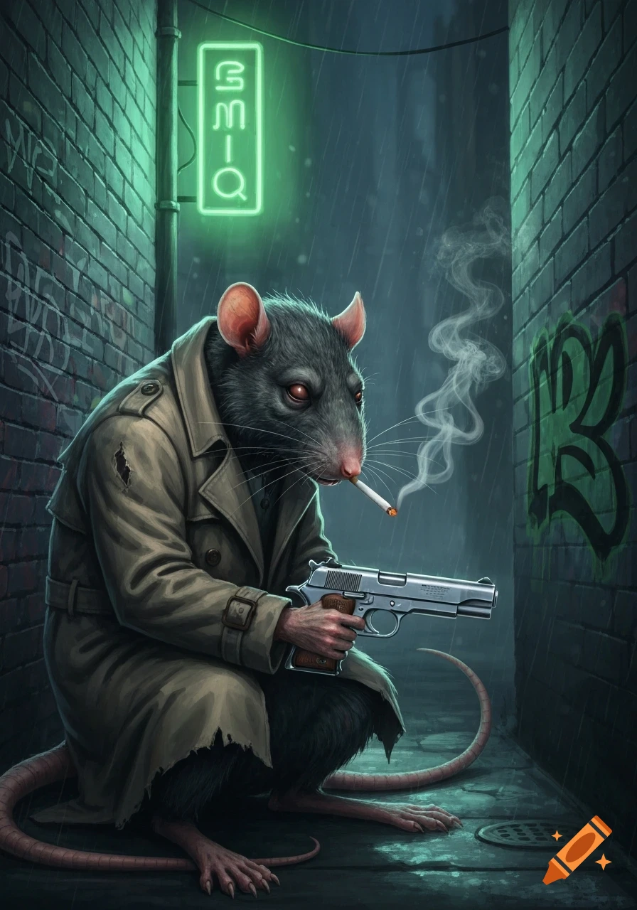 A stylized doomer rat in a trench coat smokes a cigarette while holding a pistol in a dark, rainy urban alley.
