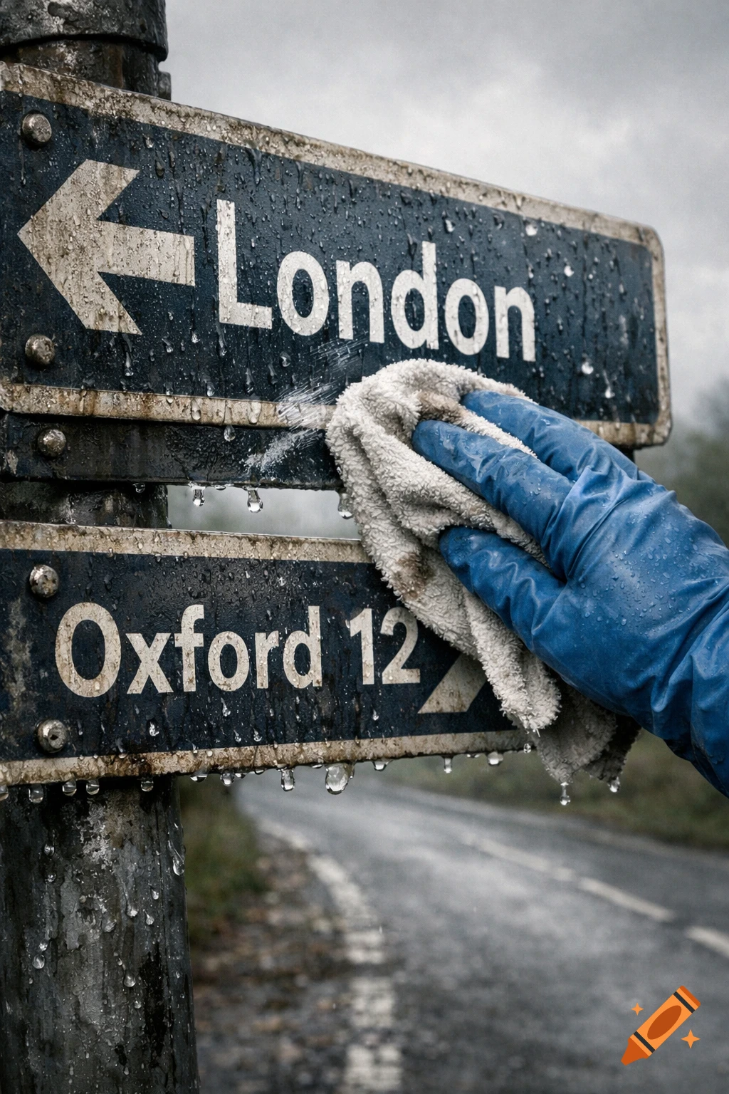A gloved hand cleaning a wet, rustic UK road sign pointing to London and Oxford on a rainy day, photorealistic style.