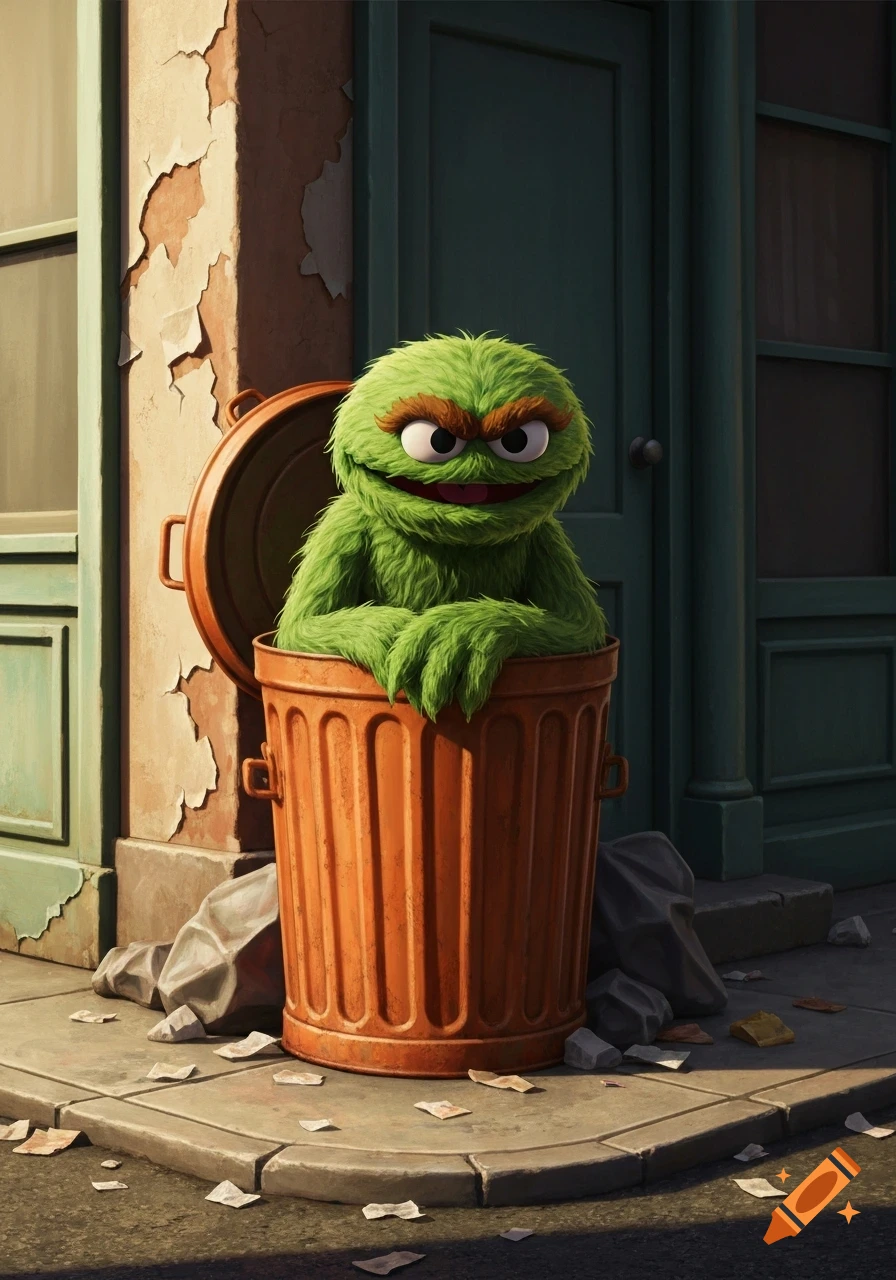 Oscar the Grouch, a green fuzzy puppet, sits in an open orange trash can on a city sidewalk next to a building with peeling paint.