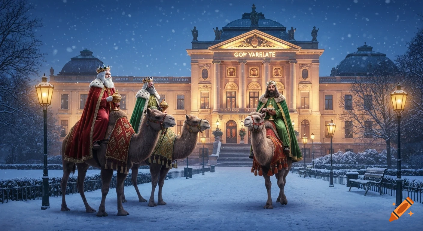 Three Wise Men on decorated camels arrive at a grand, illuminated palace in a snowy park at dusk, with falling snow and warm streetlights, realistic.