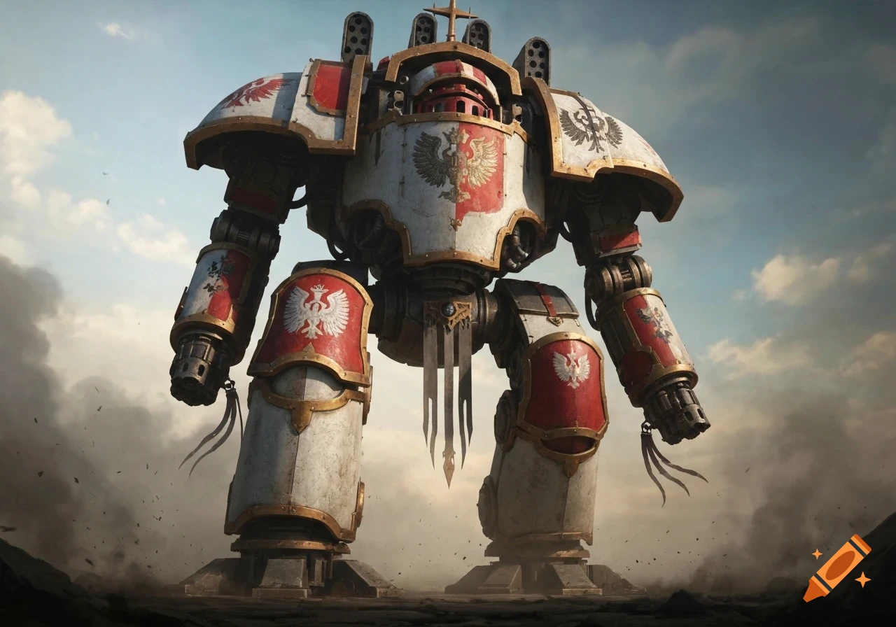 A massive Warhammer 40k Warlord Titan, detailed with white and red heraldry, stands against a dramatic, cloudy sky.
