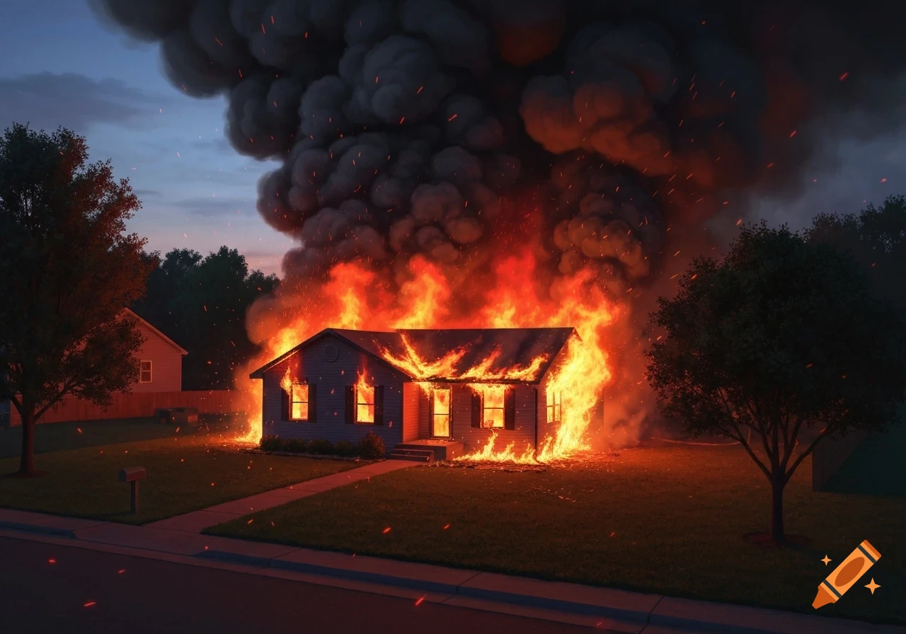 Photorealistic image of a single-family house fully engulfed in flames at dusk, with thick black smoke billowing upwards.