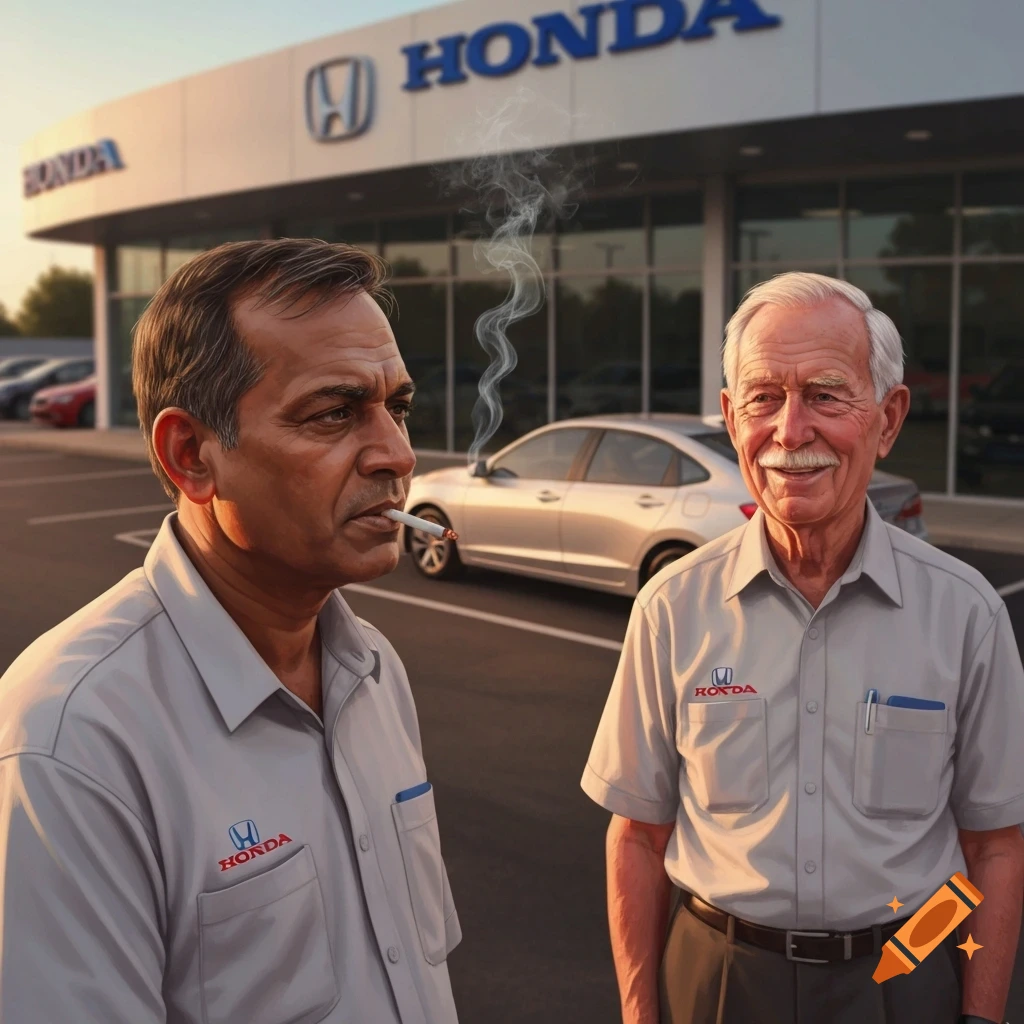 Photorealistic image of an Indian man smoking next to an older man, both wearing Honda shirts, in front of a Honda dealership.