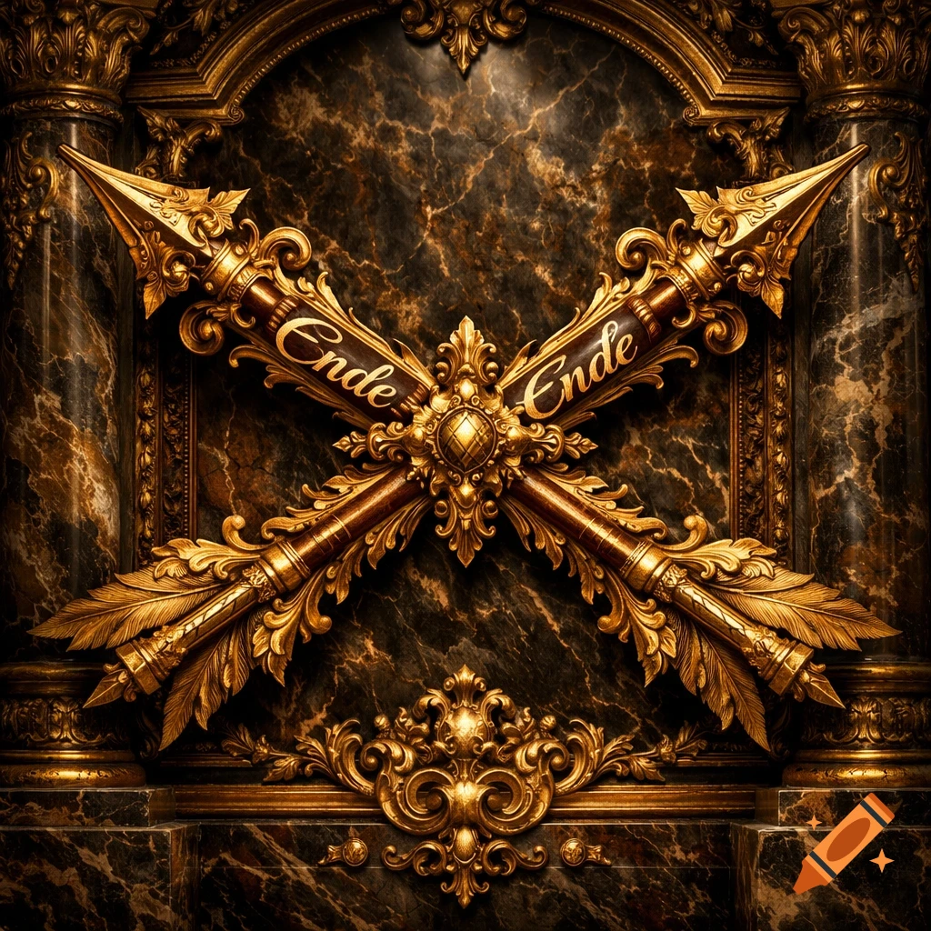 Two ornate golden Baroque arrows with the text 'Ende' cross over a dark marble background with golden flourishes.