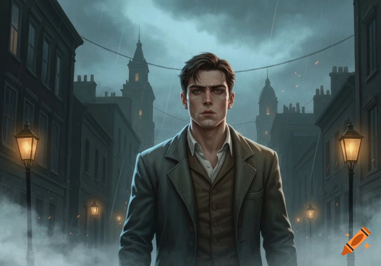 A serious man in a dark coat stands in a rainy, misty street with old buildings and glowing streetlights in a digital painting.
