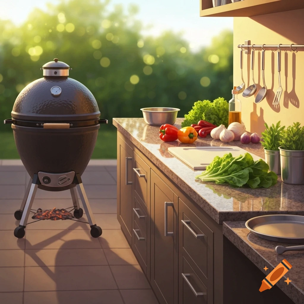Photorealistic outdoor kitchen with a black egg-style BBQ grill and a counter holding fresh vegetables and cooking utensils.