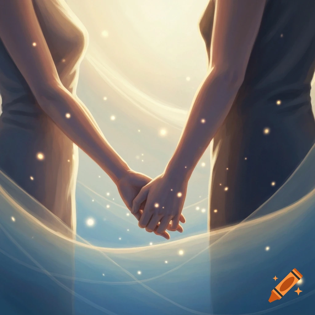 Close-up digital art of two people holding hands, surrounded by flowing ethereal light and glowing particles.