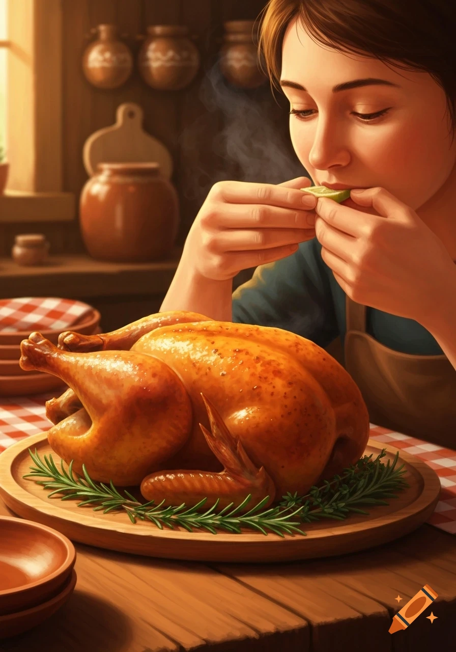 A woman in a rustic kitchen holds a lime to a steaming, golden roasted chicken on a wooden platter with rosemary.