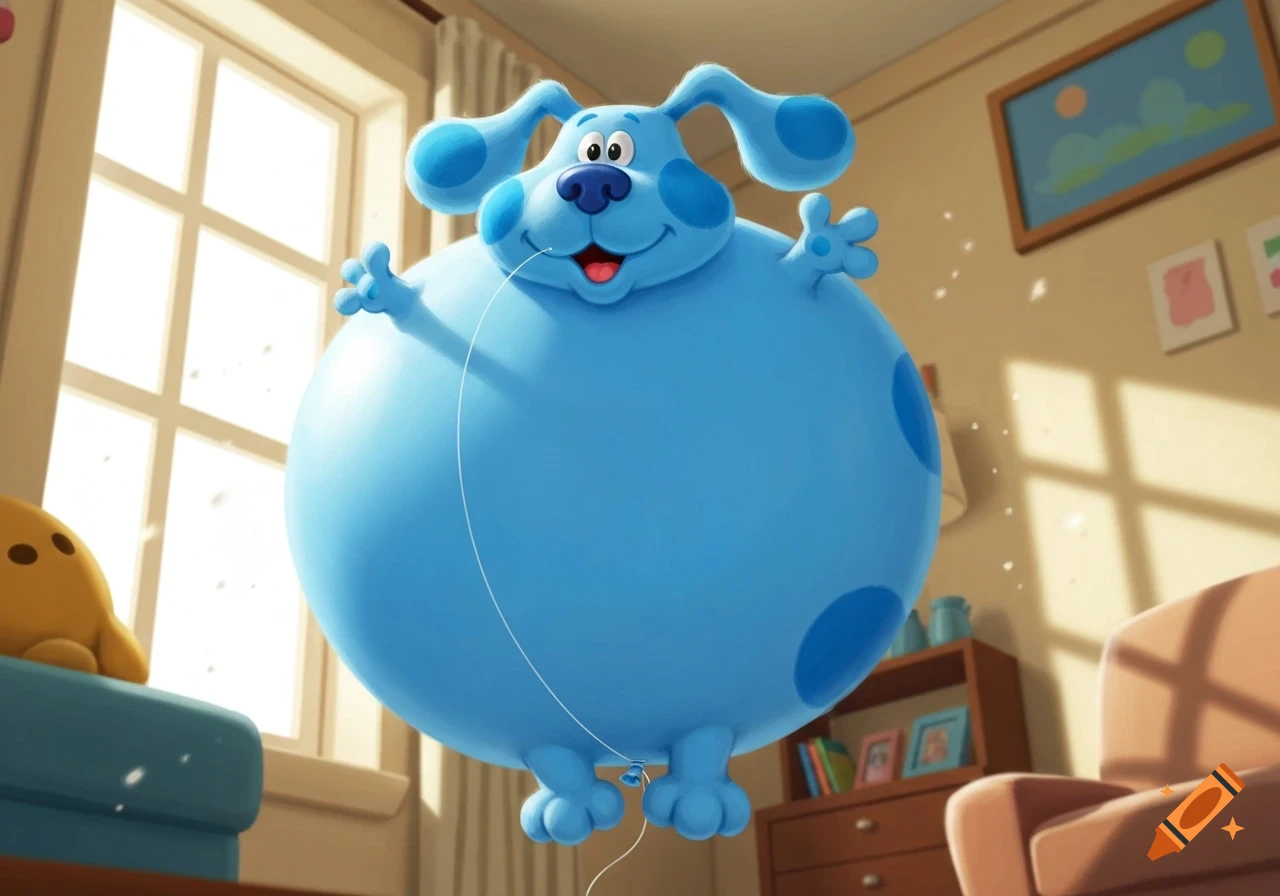 Blue from Blue's Clues, inflated like a large blue balloon, floats playfully in a sunlit room.