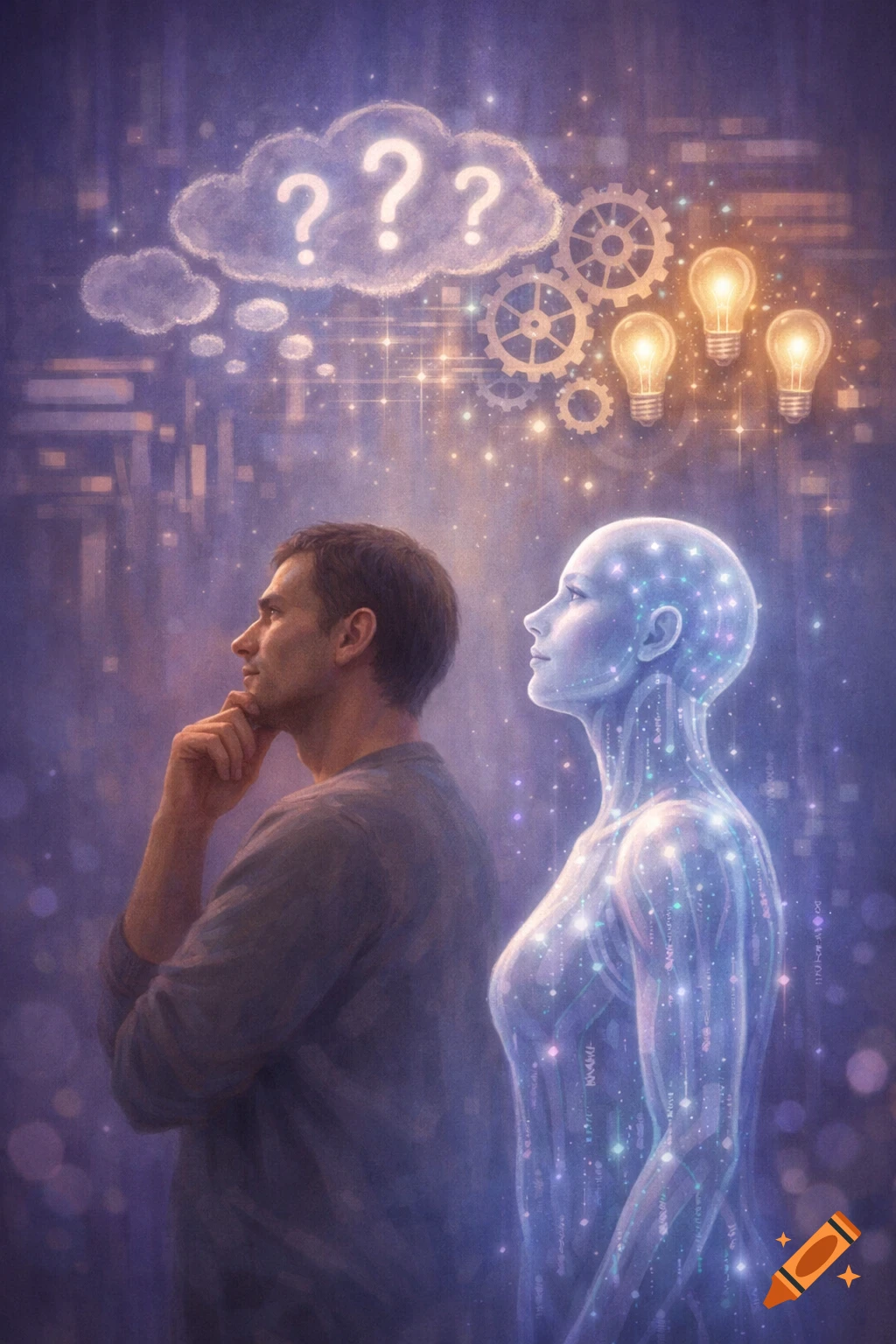 Man and glowing AI figure gaze upwards, with thought bubbles, question marks, gears, and lightbulbs above them in a futuristic, purple setting.