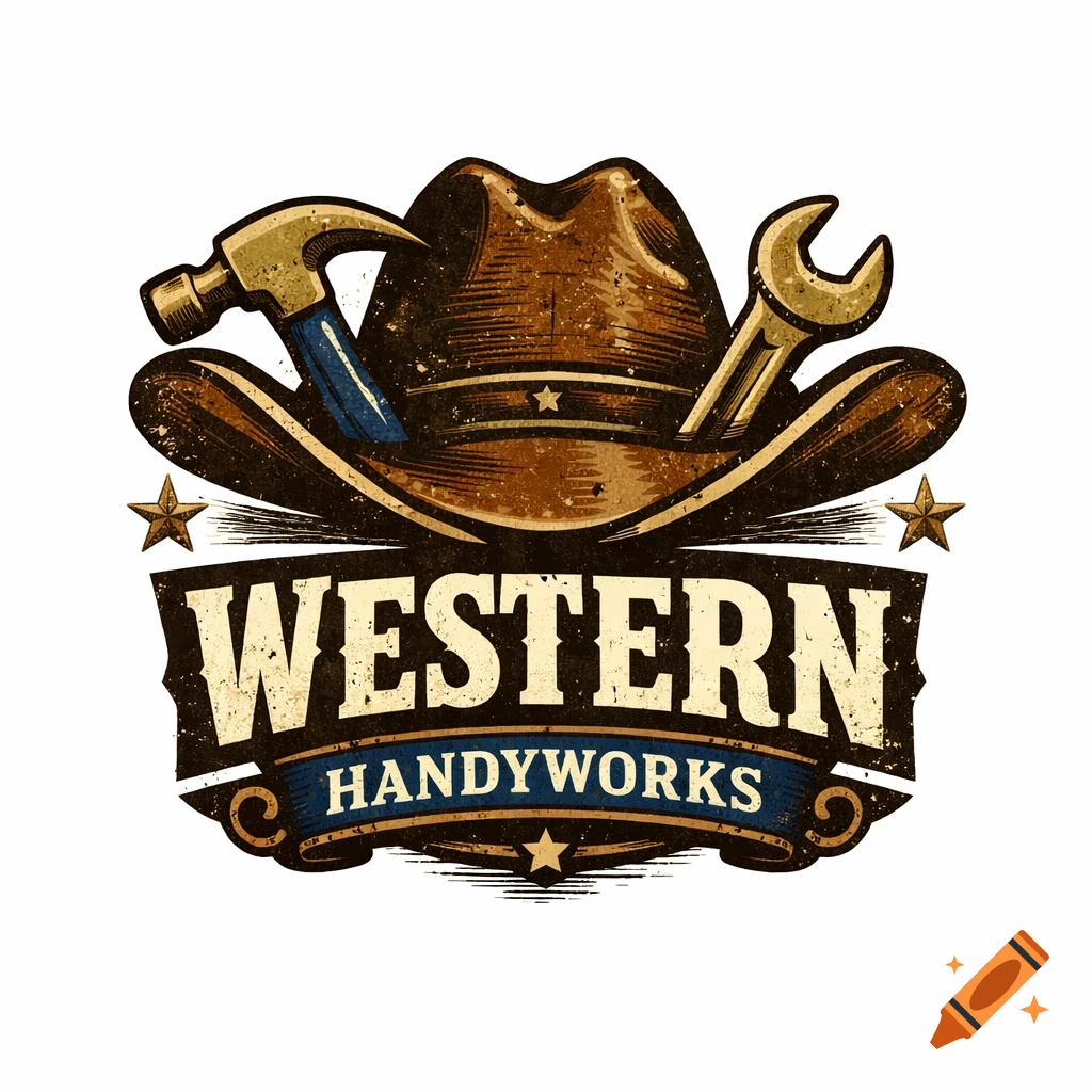 Vintage western logo with a cowboy hat, a hammer, a wrench, and text 'WESTERN HANDYWORKS'.