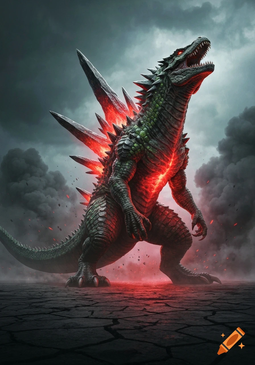 A powerful green and gray kaiju with glowing red spines and chest stands on cracked earth under a stormy sky, amidst smoke.