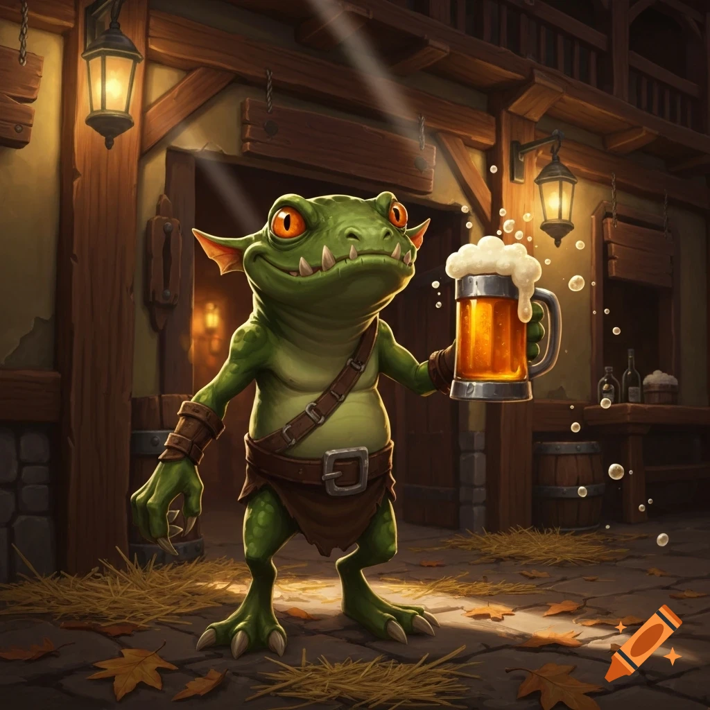 A green, cartoonish, goblin-like creature with orange eyes and fangs holds a frothy mug of beer outside a rustic wooden tavern, with hay and autumn leaves on the ground.