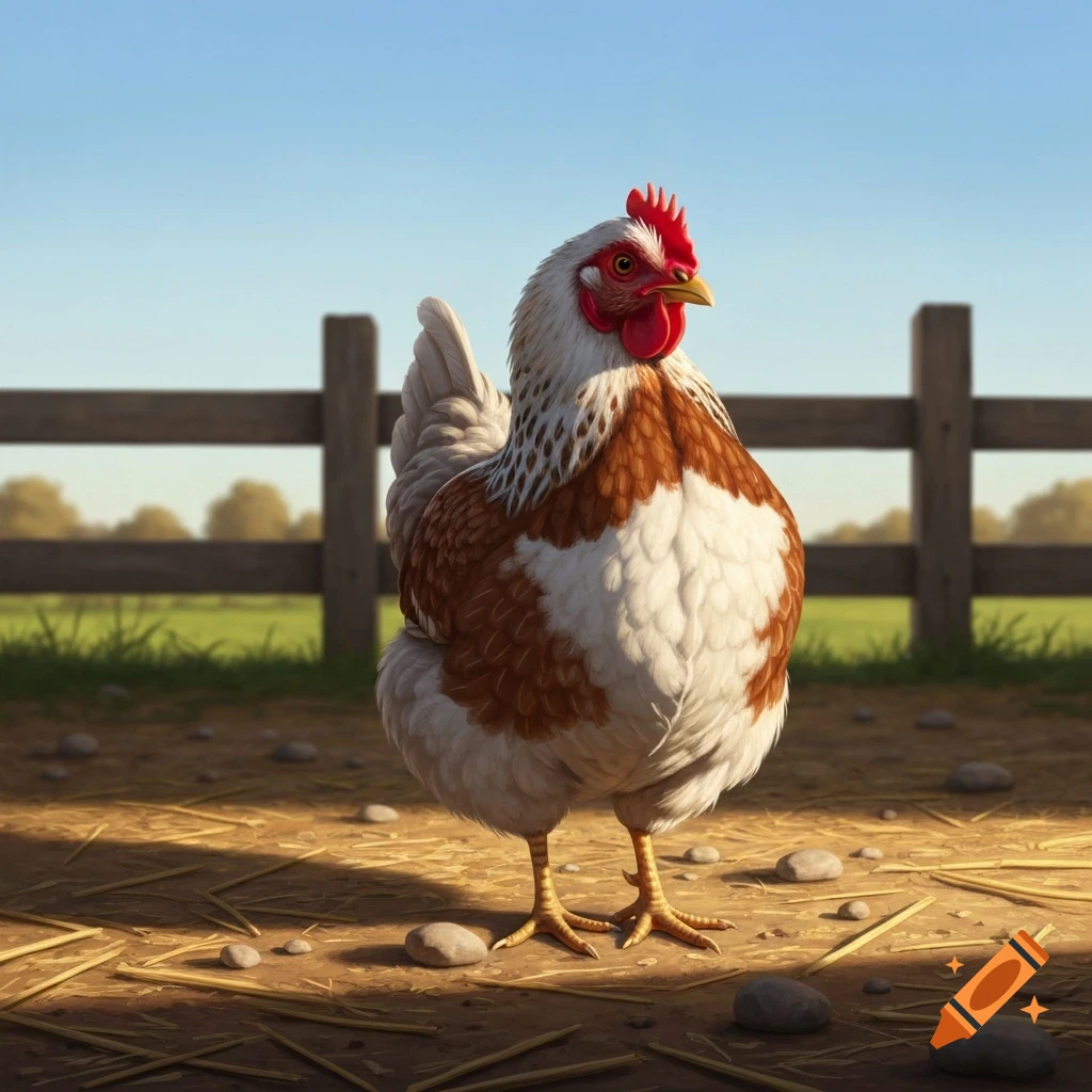 A brown and white chicken stands on a dirt path with hay and rocks, in front of a wooden fence and green field under a clear blue sky.