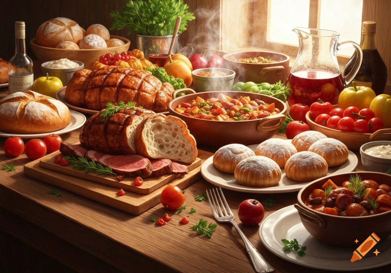 A rich, photorealistic feast of roasted meats, sliced bread, bowls of stew, fresh fruits, vegetables, and a pitcher of juice laid out on a wooden table.