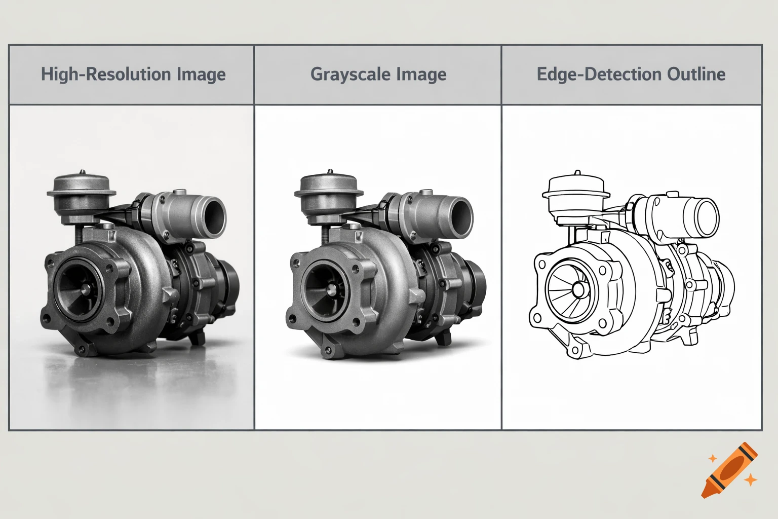 Three-panel comparison of a turbocharger: high-resolution photo, grayscale version, and edge-detection outline.