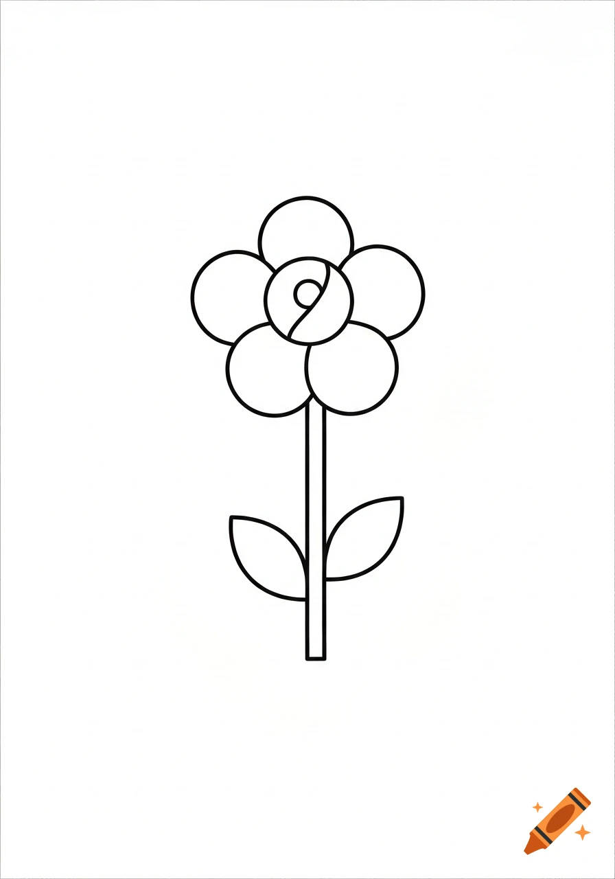 A simple black outline drawing of a flower with six round petals, a circular center, a long stem, and two leaves, on a white background.