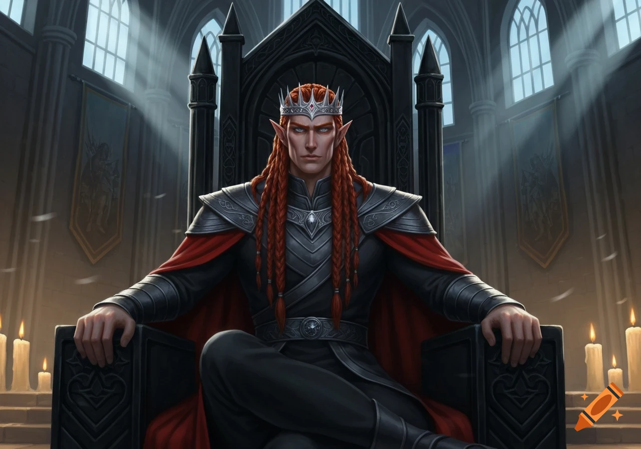 An elven king with braided red hair and a silver crown sits on a gothic throne in a grand hall, light shining through high windows.