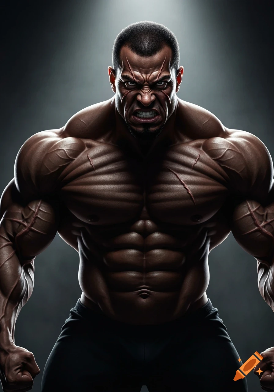 Digital art of an extremely muscular, dark-skinned bodybuilder with facial and body scars, an angry, frowning expression, strongly backlit.
