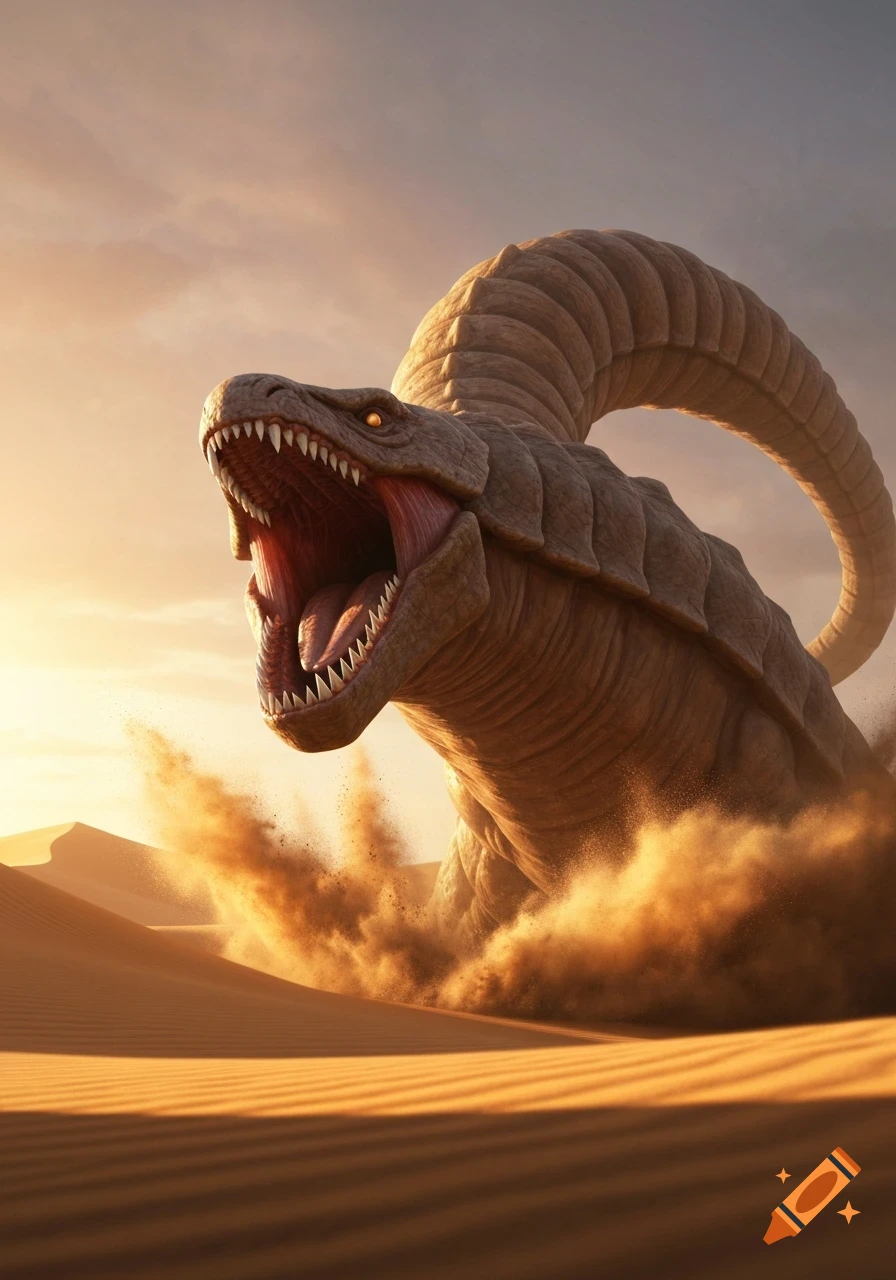 A massive, horned sandworm with jaws agape emerges dramatically from desert sands at sunrise, rendered in a realistic fantasy style.