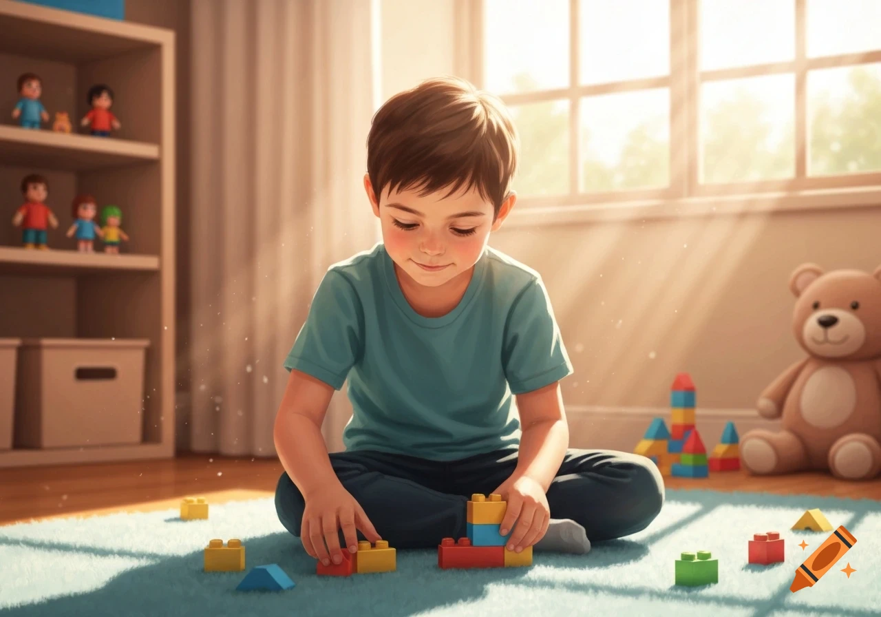 A young boy with a teal shirt sits on a blue rug, happily playing with colorful building blocks in a sunlit room.