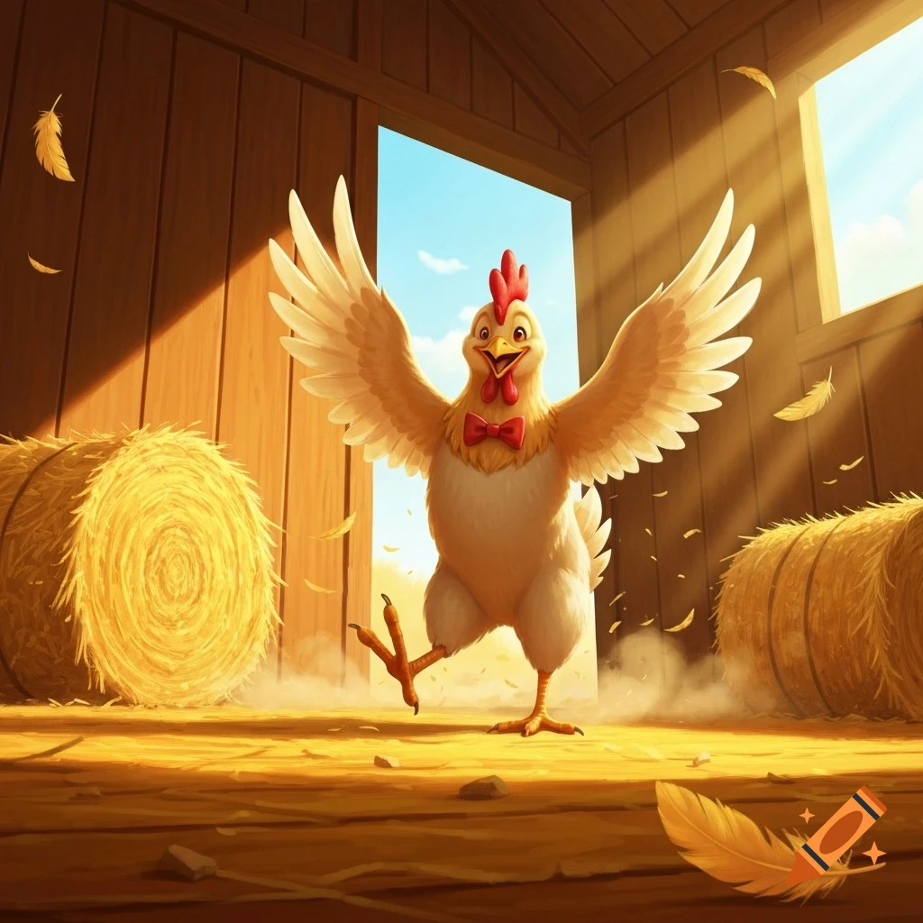 A happy, cartoon-style chicken wearing a red bow tie dances in a sunlit barn amidst hay bales and floating feathers.