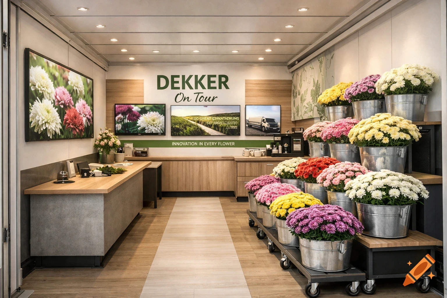 An interior view of a mobile flower showroom called "Dekker On Tour" inside a truck, with colorful chrysanthemums in zinc buckets on display and screens showing digital content.