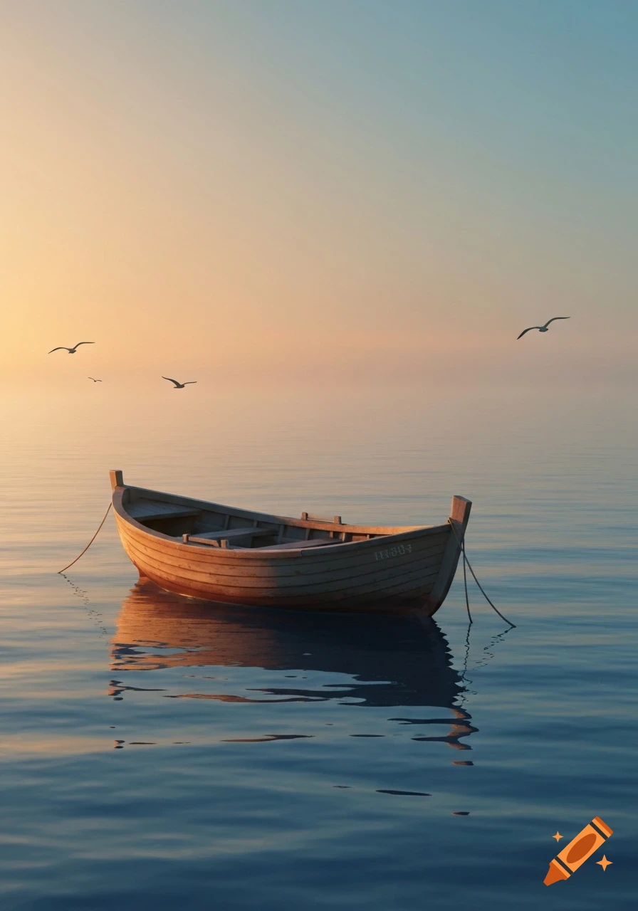 A lone wooden boat floats on calm water, reflecting the pastel hues of a sunrise or sunset sky with birds flying.