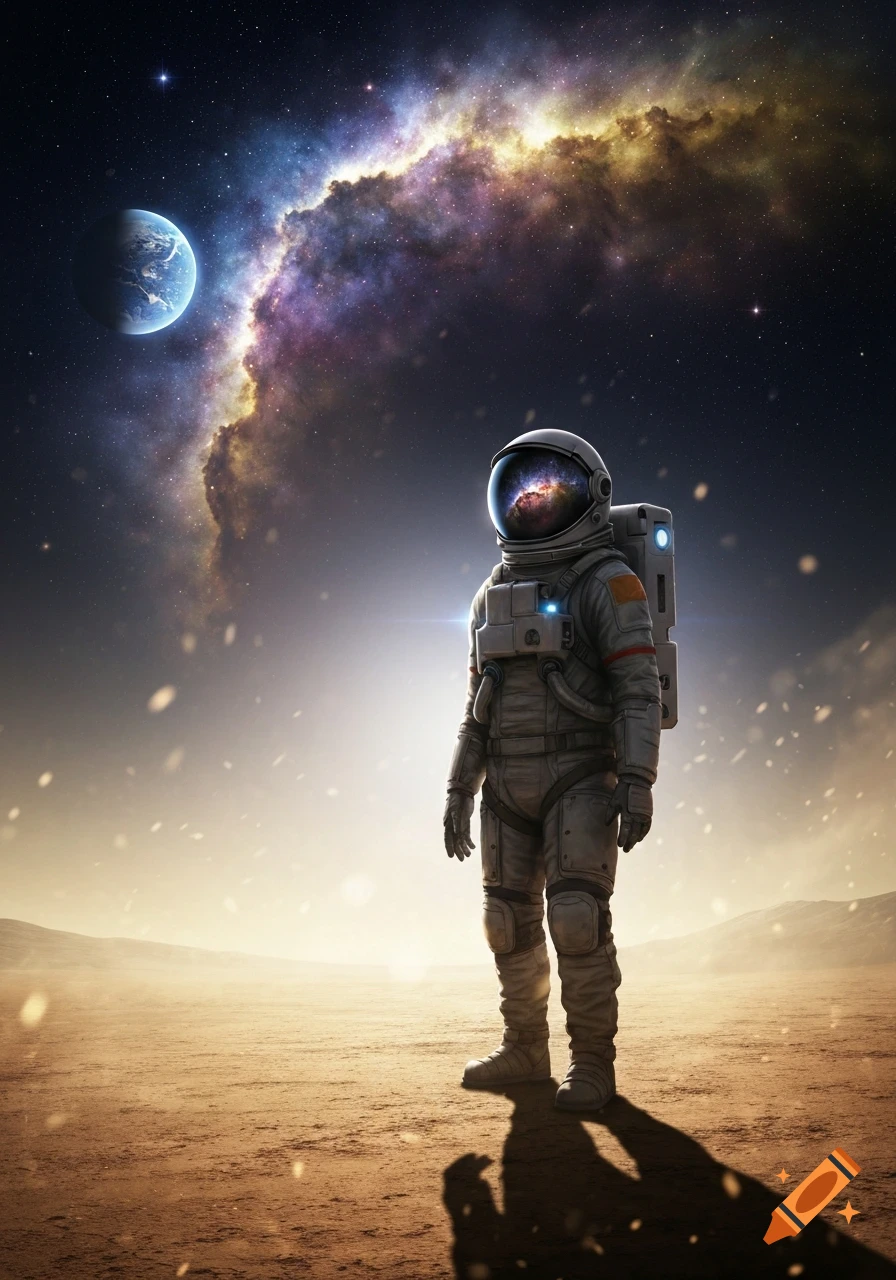 Astronaut stands on a barren alien planet, gazing at a vibrant galaxy and a blue planet in the starry sky, photorealistic style.
