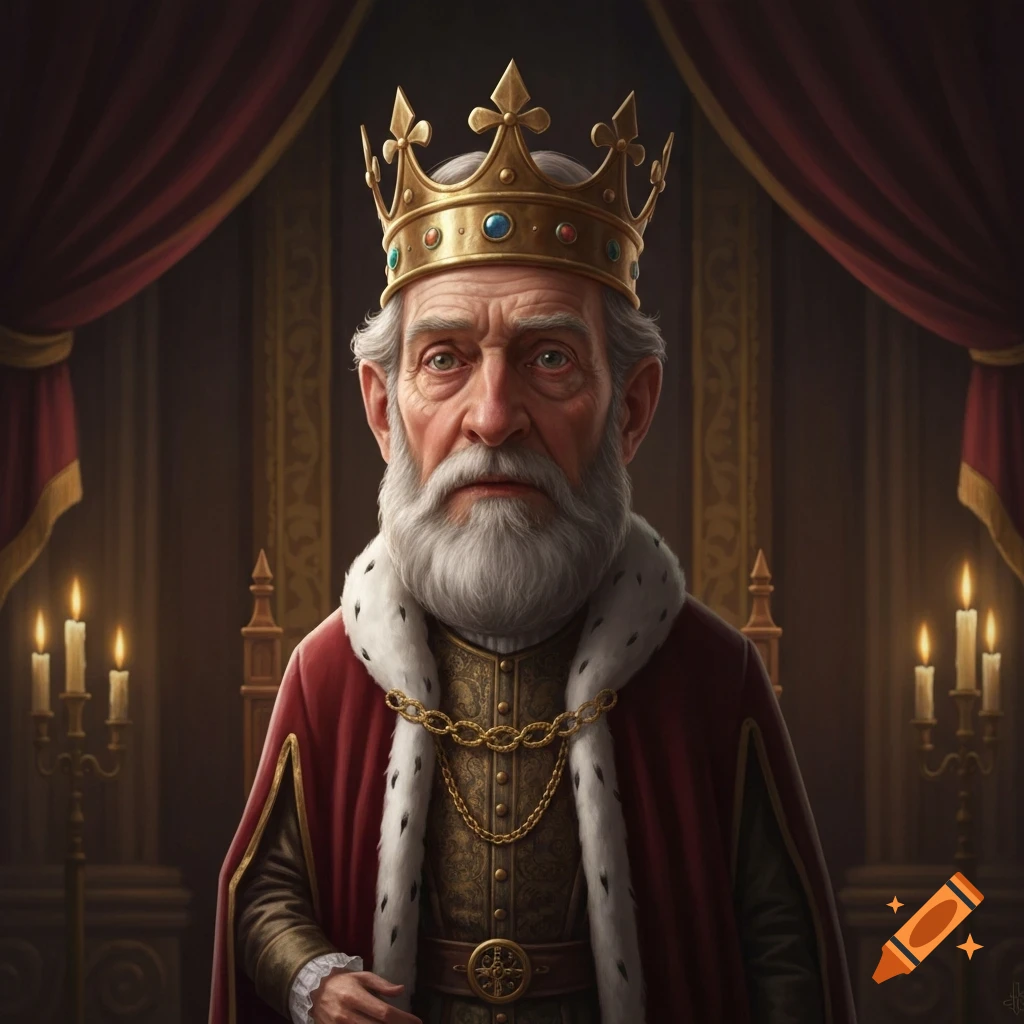 Detailed portrait of an old king with a large head, white beard, gold crown, and red fur-trimmed robe.