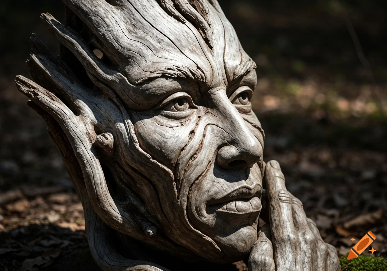 Close-up of a human face sculpture carved from weathered deadwood, showing intricate wood grain and textures.