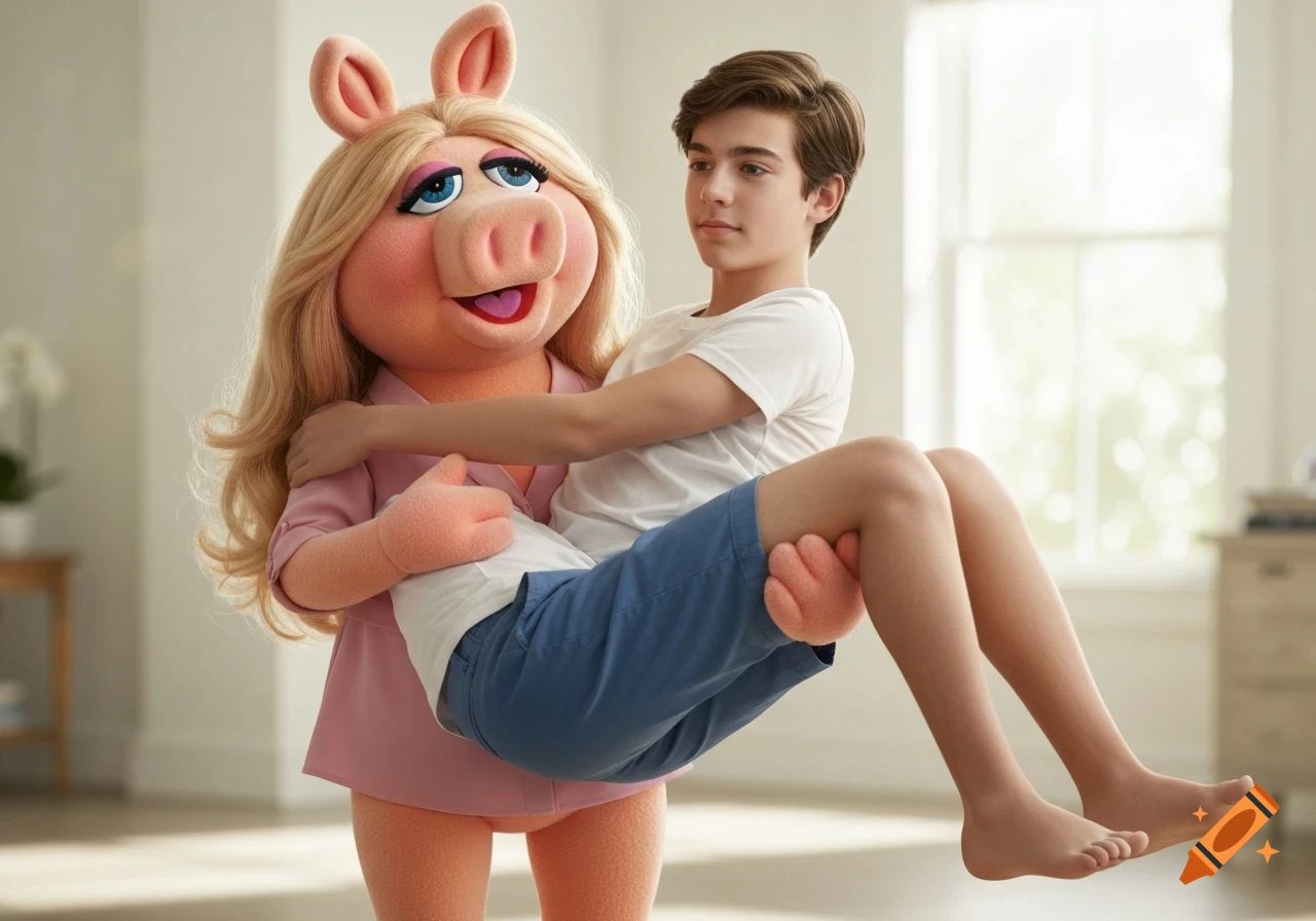 Photorealistic image of Miss Piggy, a pig muppet with blonde hair, carrying a teenage boy in a white t-shirt and blue shorts in a bright room.