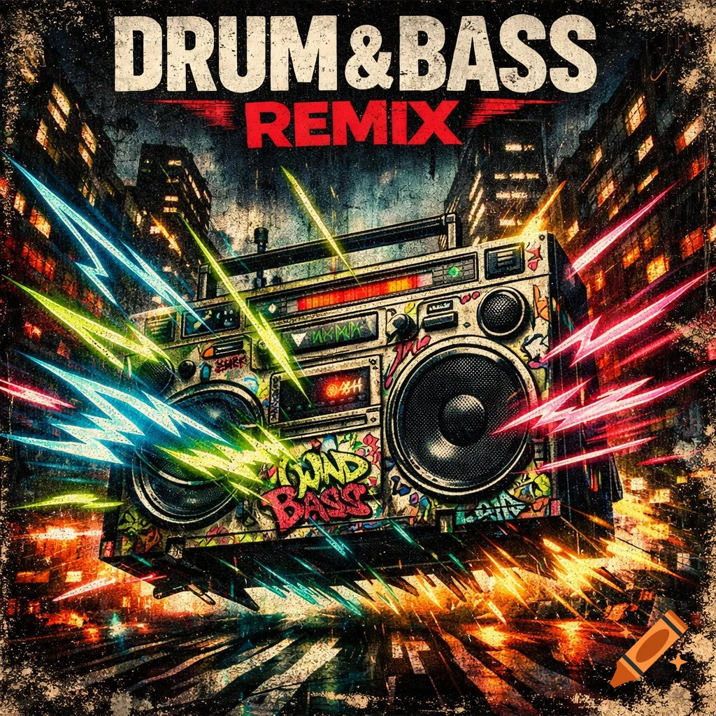 Grunge style album cover with a graffiti-covered boombox amidst neon lights, dark city backdrop. Text 'DRUM&BASS REMIX'.