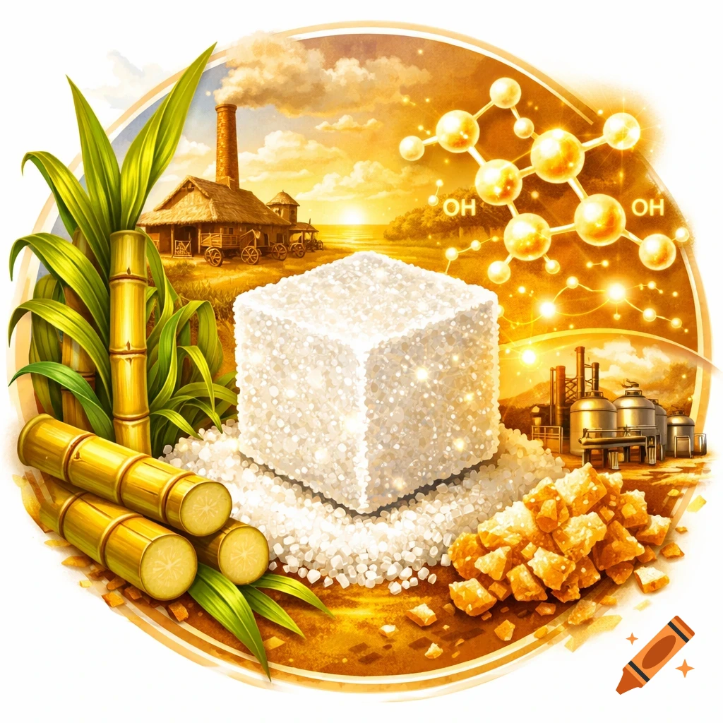 A circular illustration depicting sugar production with sugarcane, sugar cubes, rock sugar, a factory, a farmhouse, and a chemical structure with "OH" labels, all under a sunset sky.