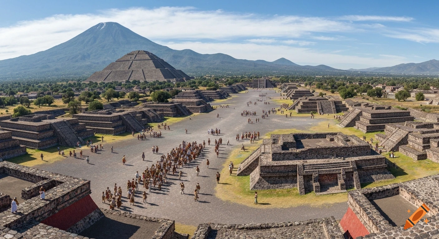Panoramic view of ancient Teotihuacan with pyramids, stone structures, and crowds of people on the Avenue of the Dead, framed by mountains.