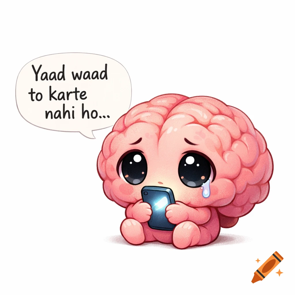 A cute, sad cartoon brain character with big eyes cries while holding a smartphone. A speech bubble says "Yaad waad to karte nahi ho..."