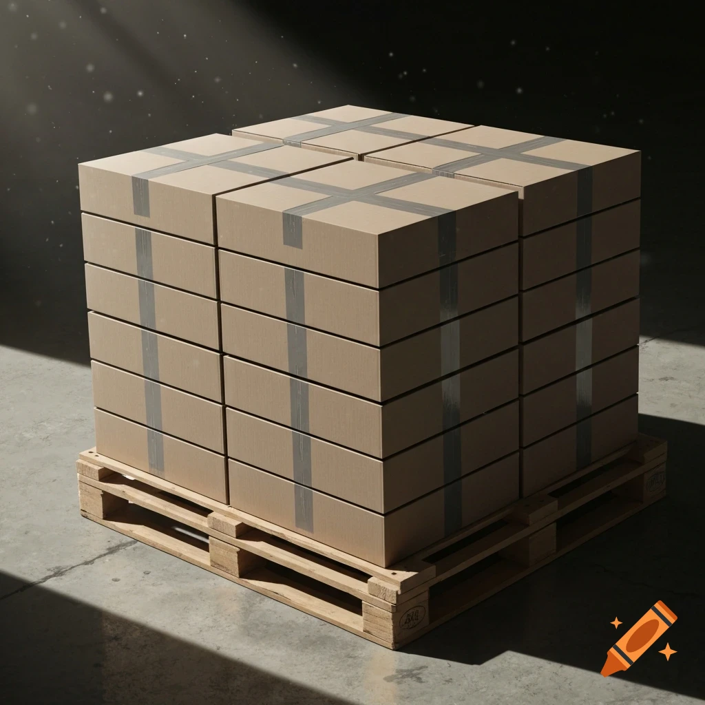Stacked cardboard boxes with grey tape on a wooden pallet in a dimly lit warehouse.