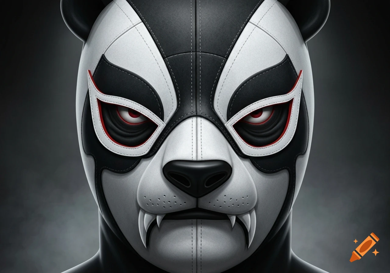 A detailed illustration of a black and white panda-themed wrestling mask with red eyes and fangs.