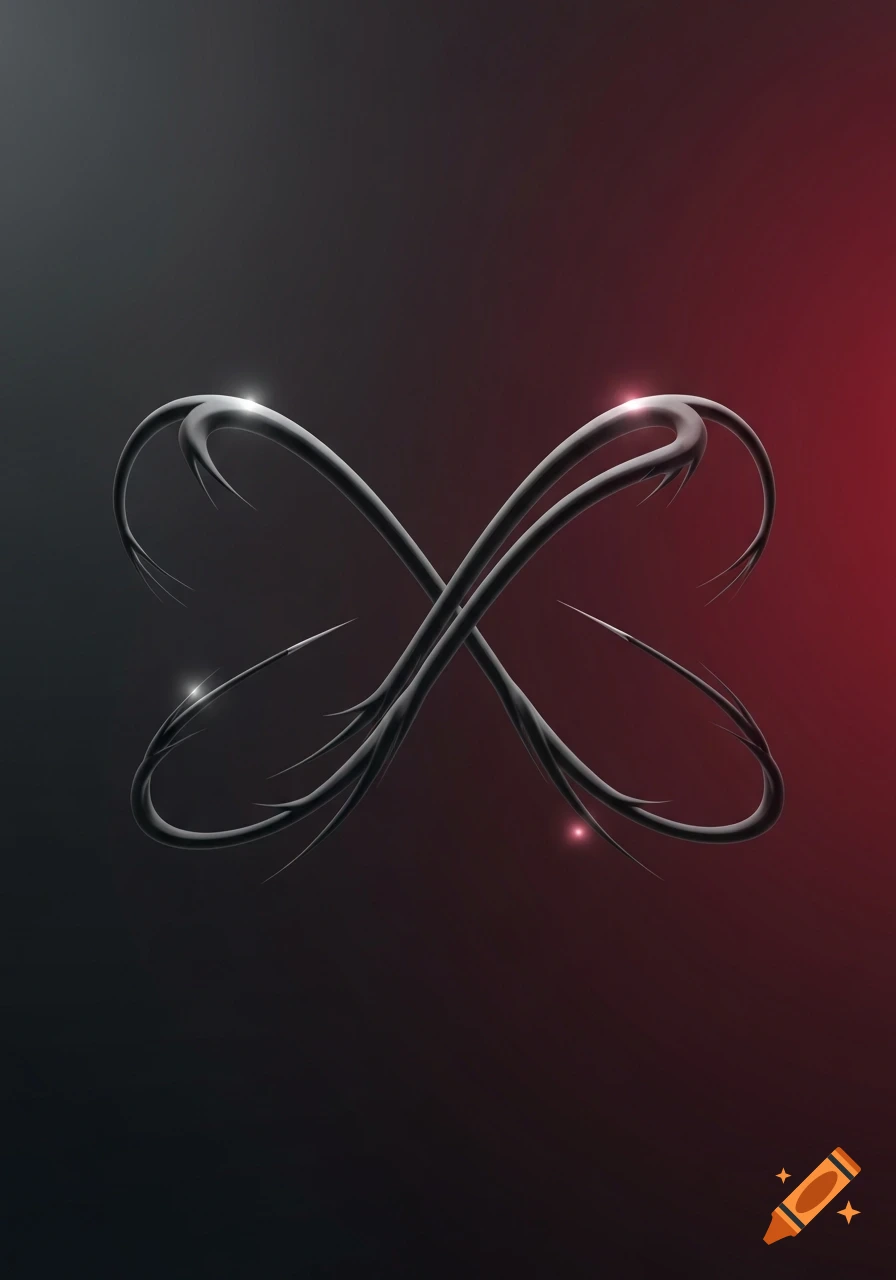 A dark, stylized X-shape formed by two intertwined, whip-like metallic elements with highlights against a dark gradient background.