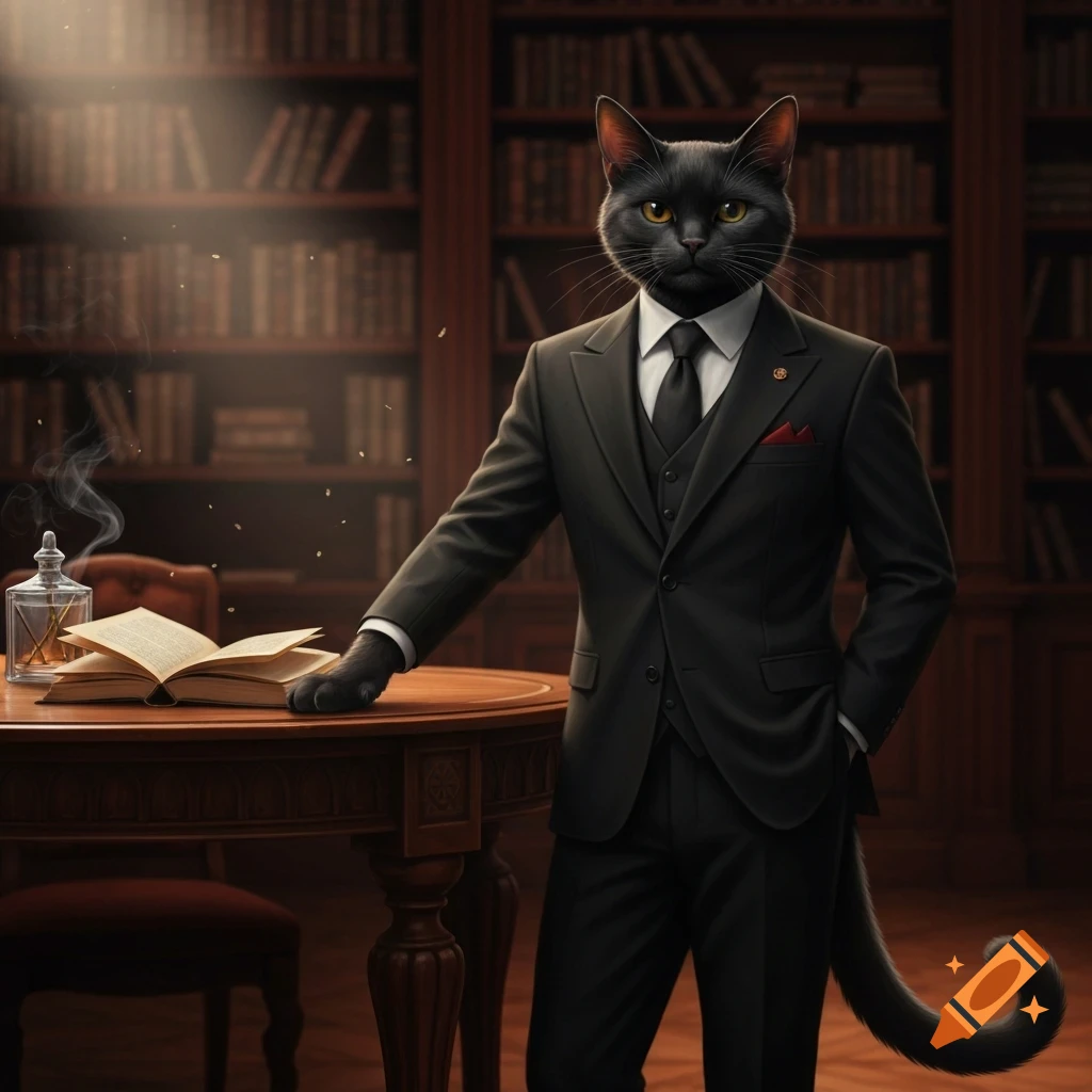 A photorealistic black cat in a black suit and tie stands formally in a sophisticated library with an open book on a wooden table.