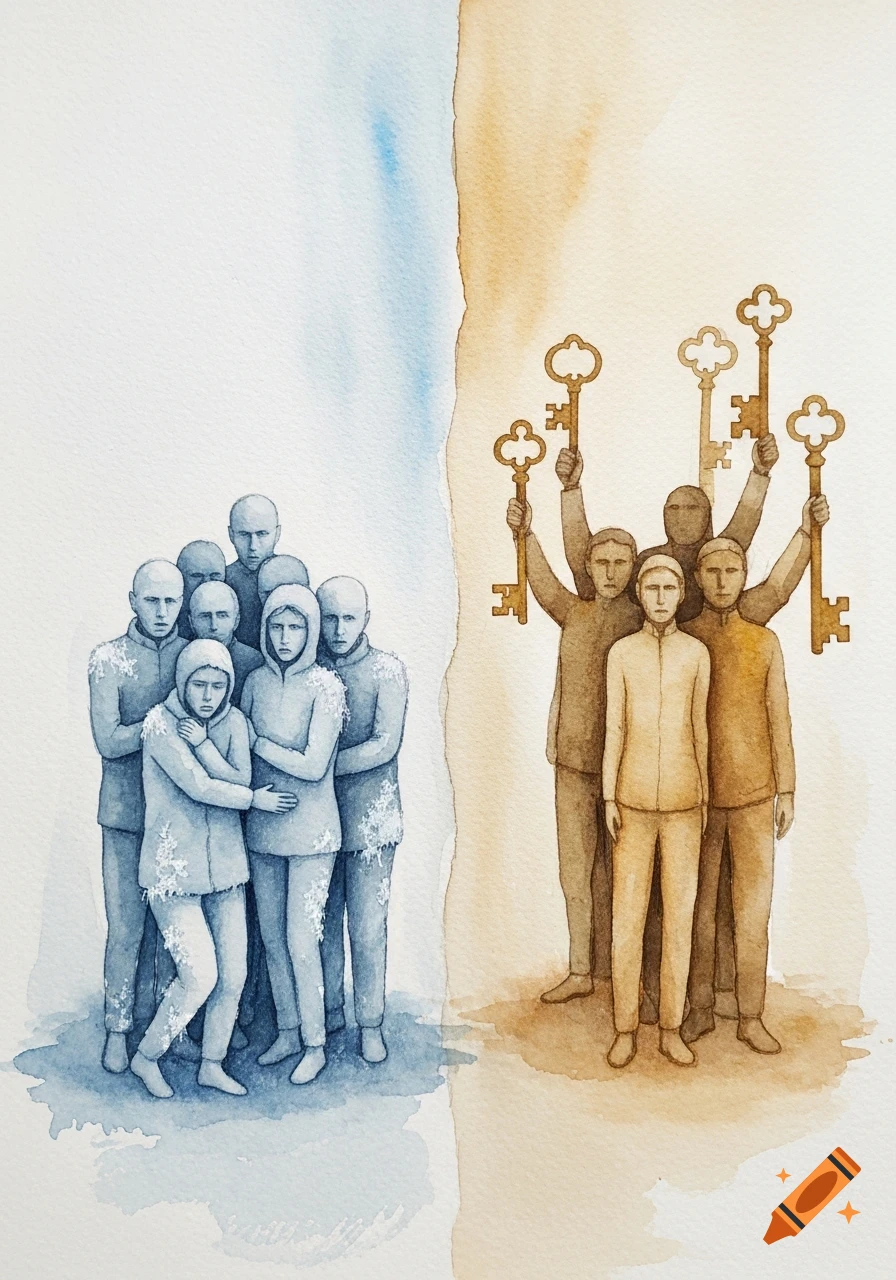Watercolor painting of fearful, blue-toned people on one side and courageous, warm-toned people holding golden keys on the other.
