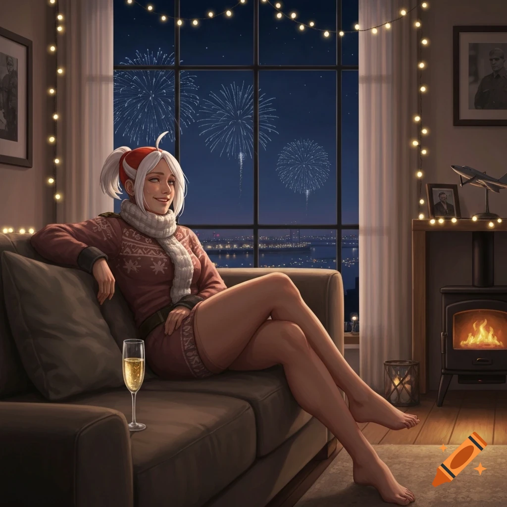 Smiling woman in anime style lounges on a couch, watching fireworks over a city skyline at night, room decorated with string lights.