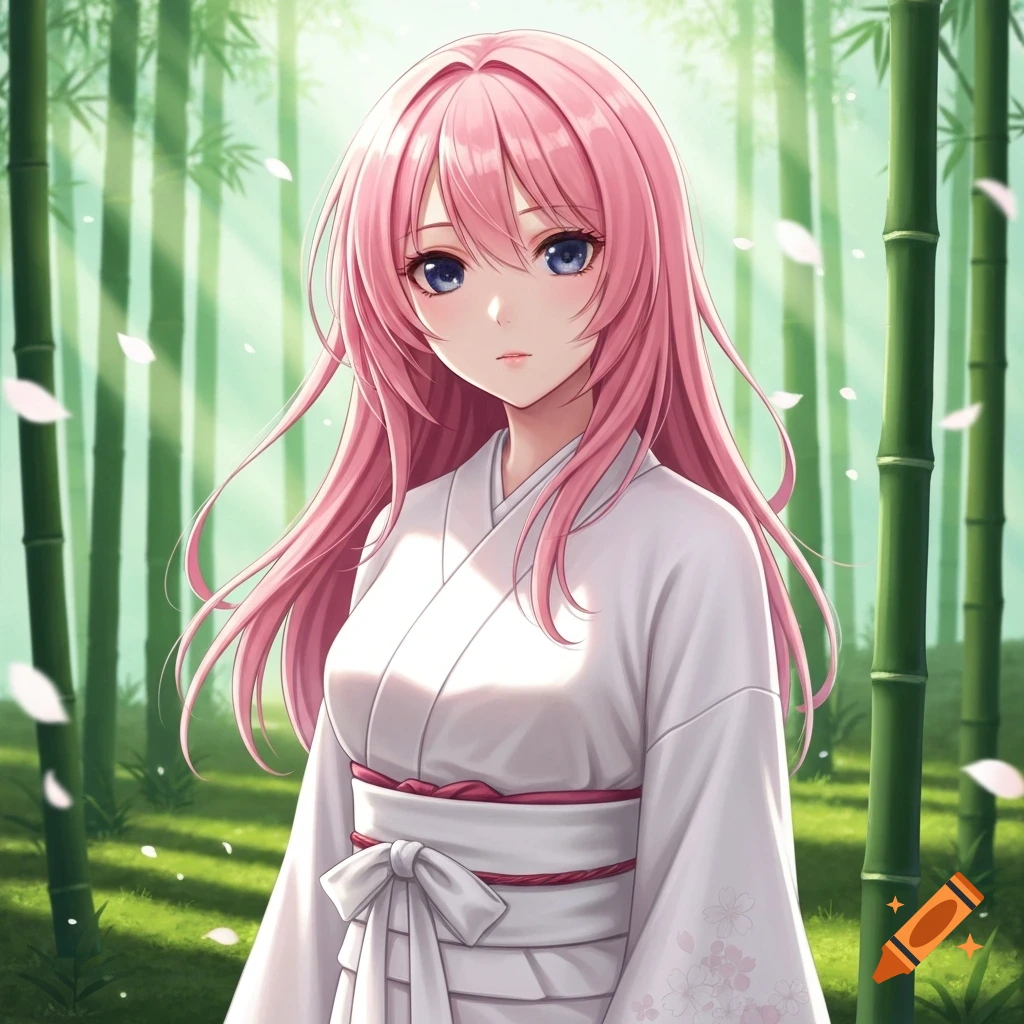 An anime girl with long pink hair and blue eyes, wearing a white kimono, stands in a bright bamboo forest with falling cherry blossoms.